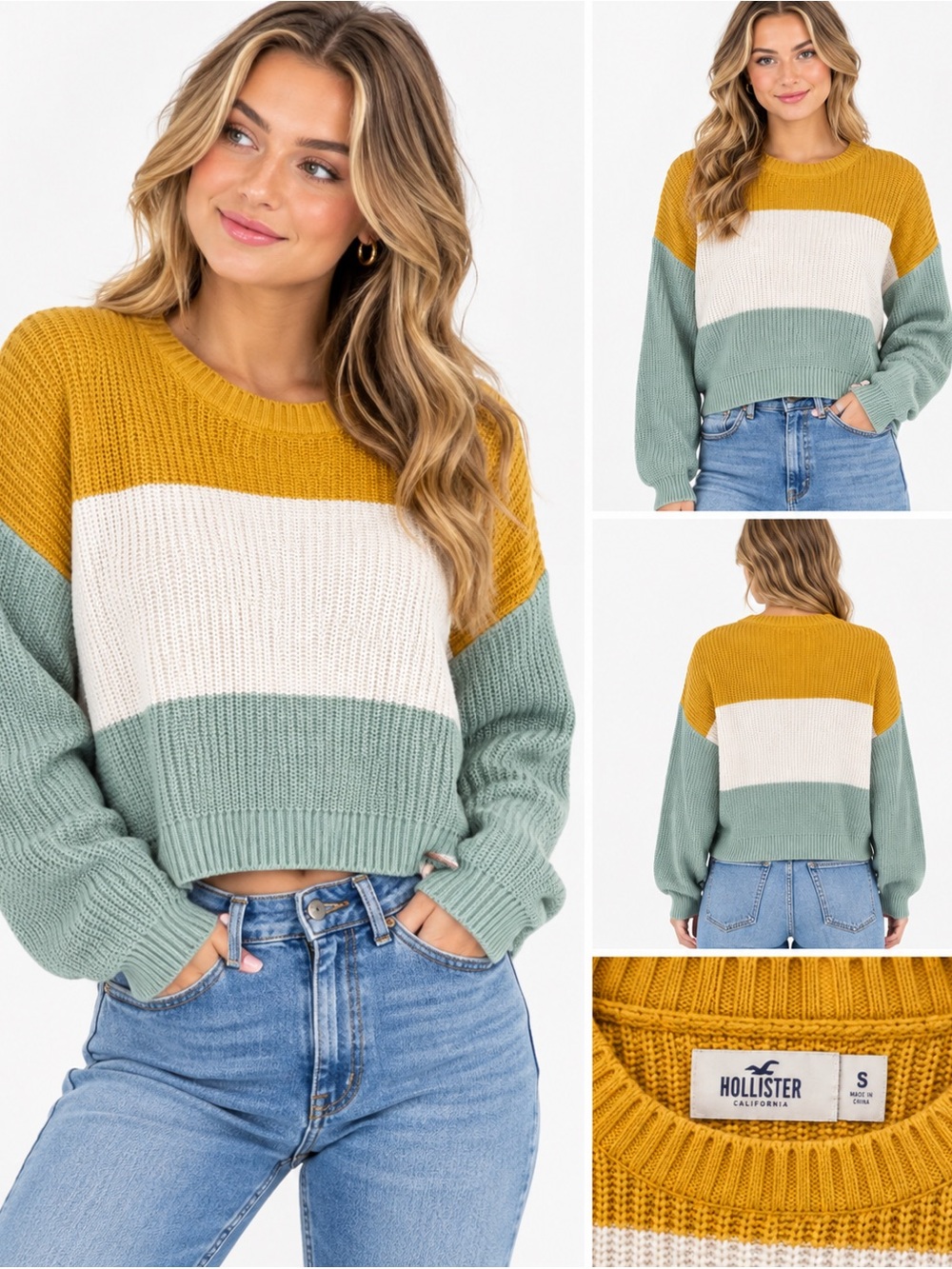 Hollister Women’s Small Colorblock Cropped Knit Sweater Mustard Sage Cream NWOT